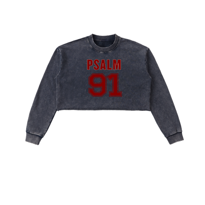 Psalm 91 Snow Washed Raw Edge Cropped Sweatshirt