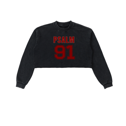 Psalm 91 Snow Washed Raw Edge Cropped Sweatshirt