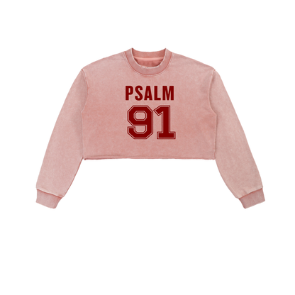 Psalm 91 Snow Washed Raw Edge Cropped Sweatshirt